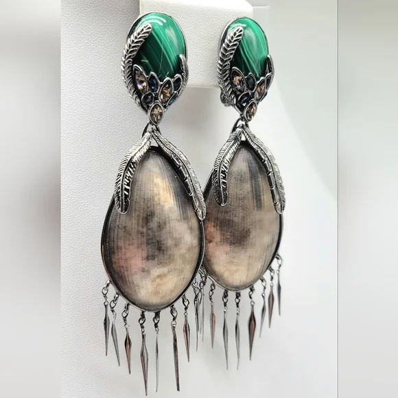 Alexis Bittar Gray Lucite and Malachite Glass Feather Earrings Clip On Silver